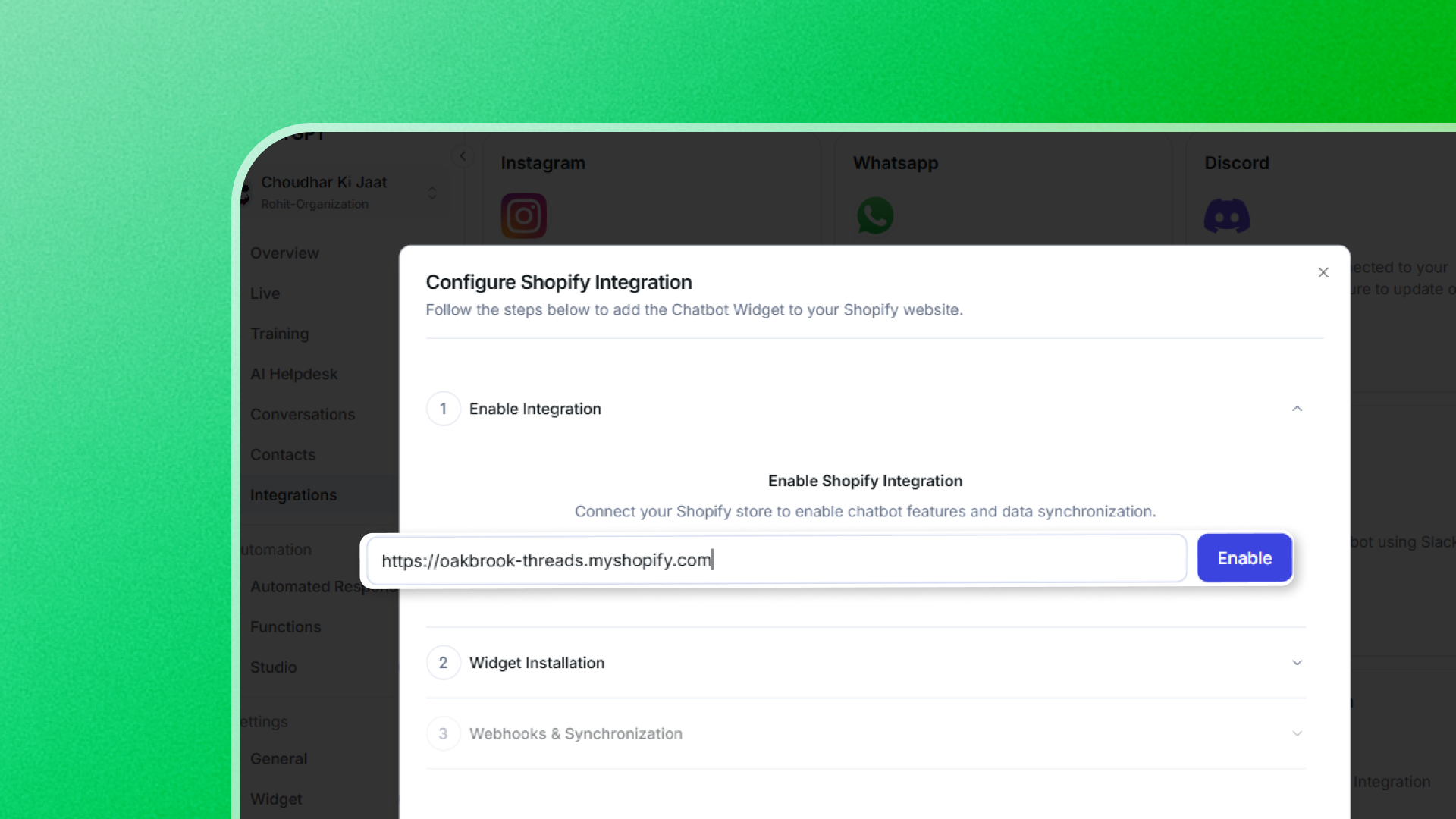 YourGPT Shopify enter your store url - step 2 workflow demonstration