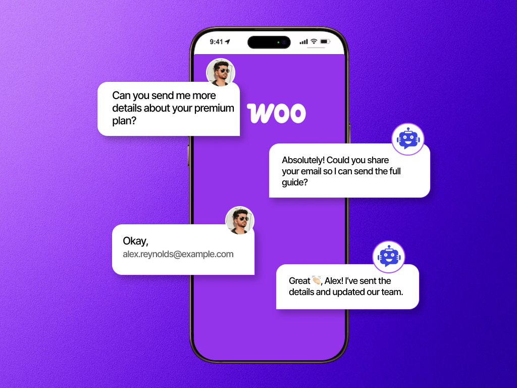 Lead capture - Collects details when helpful—for example, email or order number—so your team can step in when needed.