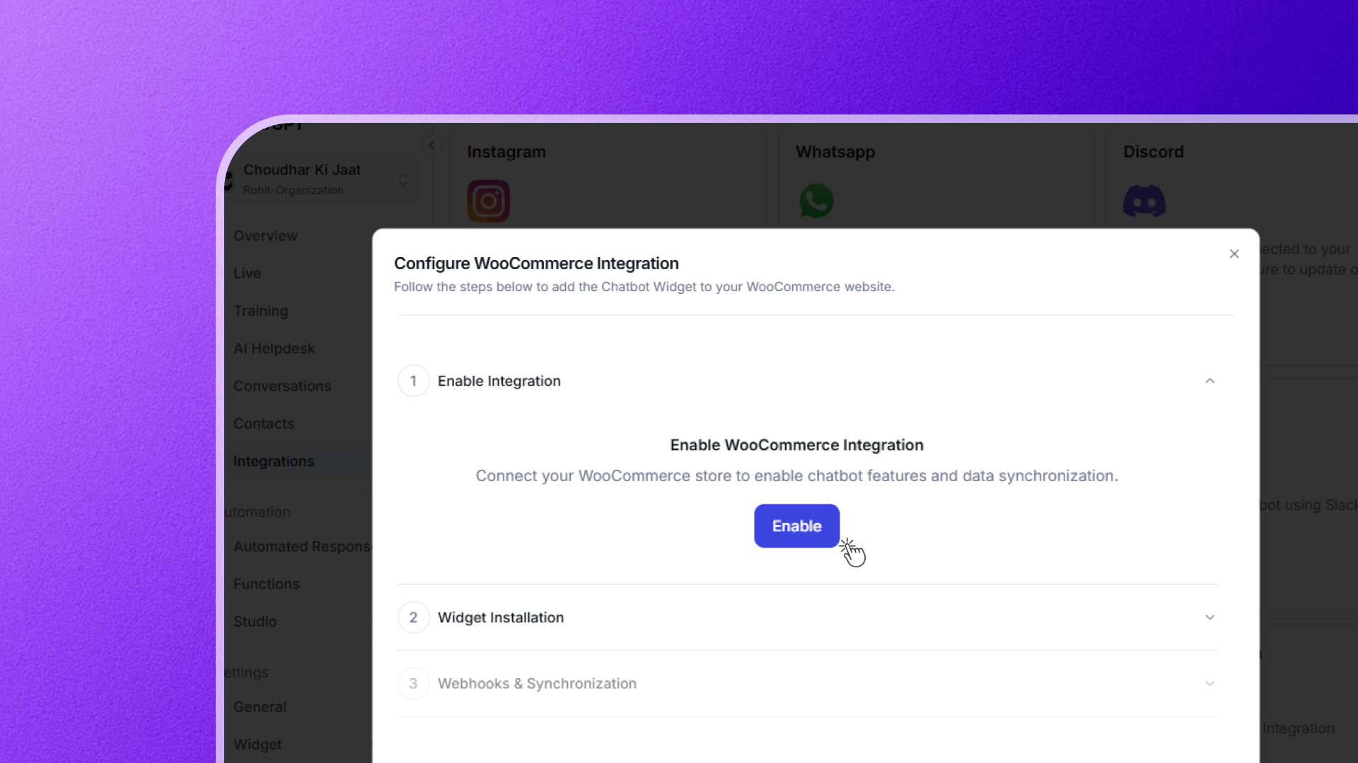 YourGPT WooCommerce enable woocommerce integration - step 2 workflow demonstration